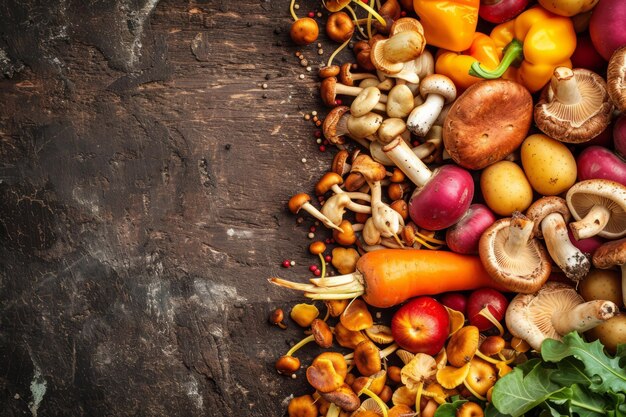 Photo un arrangement de légumes et de champignons colorés sur une table en bois