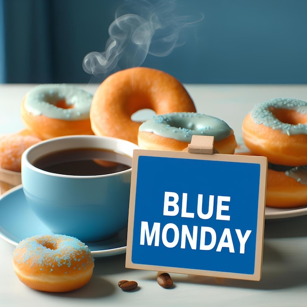 Photo un arrangement de lundi bleu avec des beignets.