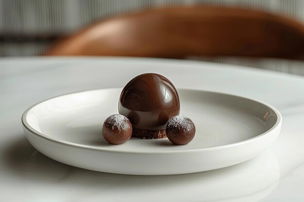 Un arrangement minimaliste d'un dessert sucré sur une assiette blanche sur un fond blanc vierge