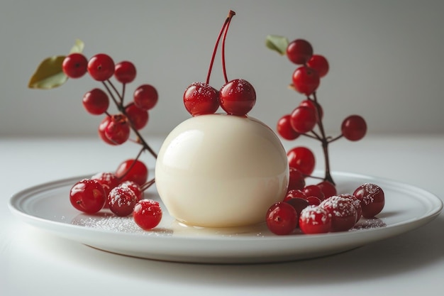 Un arrangement minimaliste d'un dessert sucré sur une assiette blanche sur un fond blanc vierge