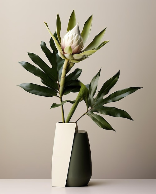 Un arrangement moderne et minimaliste mettant en valeur une seule fleur de protéa élégante