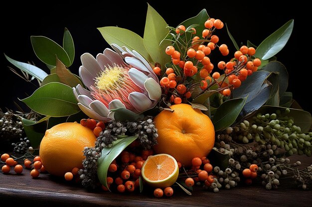 Un arrangement de nature morte avec des fruits et des fleurs orange photographie d'image orange