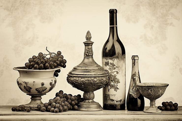 Photo arrangement de natures mortes de bouteilles et de verres de vin vintage sur un fond crème