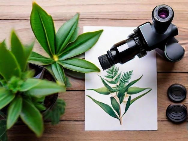 Photo arrangement photo gratuit avec microscope et plante