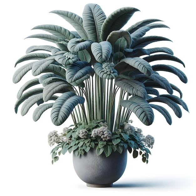 Arrangement de plantes en pot luxuriant à l'intérieur avec une variété de textures et de couleurs de feuillage dans un cer de deux tons