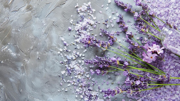 Photo un arrangement de produits de spa à la lavande comprenant des sels de bain et des fleurs fraîches