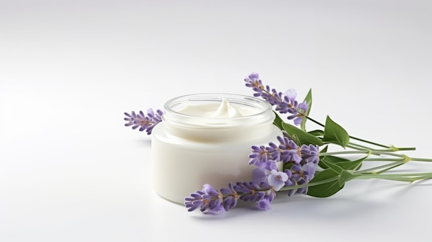 Un arrangement serein d'un pot de crème pour la peau du visage et des fleurs de lavande sur une surface blanche propre