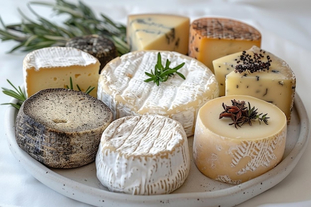 Un arrangement simple de fromages variés sur une assiette blanche sur un fond blanc propre