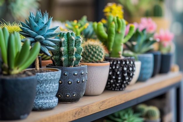 un arrangement soigneusement organisé de cactus en pot dans un espace intérieur moderne et minimaliste