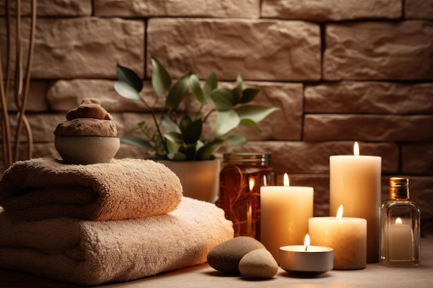 Arrangement de spa avec des bougies sur fond de brique