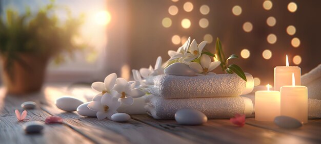 Photo arrangement de spa tranquille avec des bougies, des huiles et des fleurs de frangipani