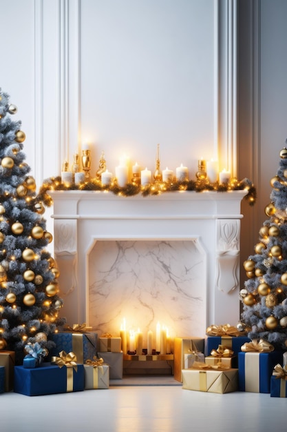 Un arrangement spécial de Noël bougies de cheminée symboliques boules d'or cadeaux décorés Noël