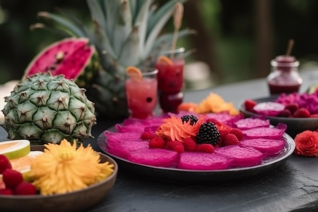 Photo arrangement de table avec des collations aux fruits du dragon à l'extérieur