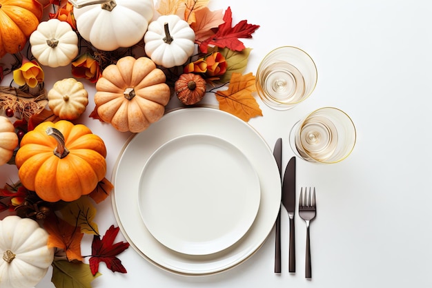 Arrangement de table sur le thème de l'automne pour les ustensiles de vaisselle de Thanksgiving, citrouilles et feuilles sur un b blanc