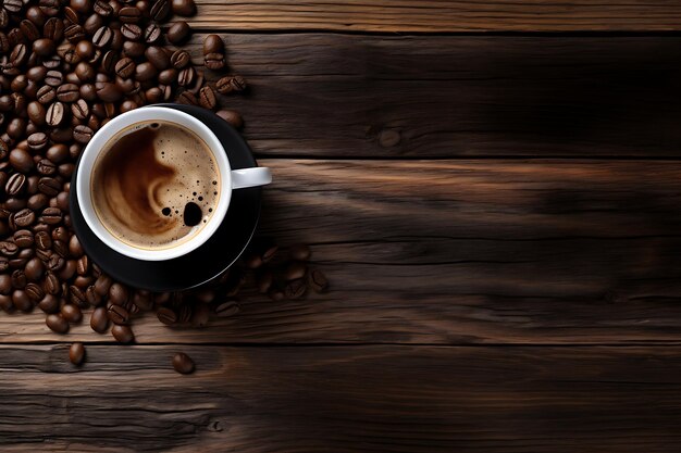 Arrangement avec une tasse de café sur fond de bois