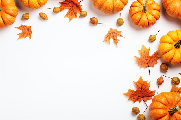 Arrangement sur le thème de l'automne avec des citrouilles et des feuilles séchées sur fond blanc symbolisant le concept