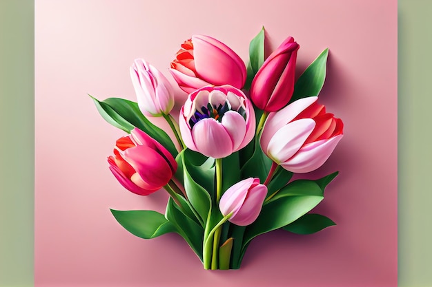 Arrangement de tulipes vibrantes sur fond rose AI générative