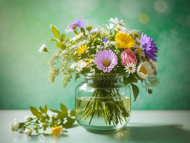 Arrangement de vase en verre d'élégance de fleurs sauvages sur fond vert