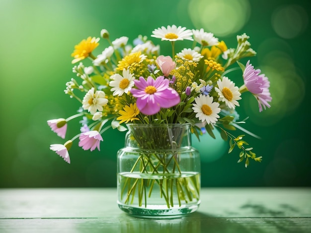 Arrangement de vase en verre d'élégance de fleurs sauvages sur fond vert