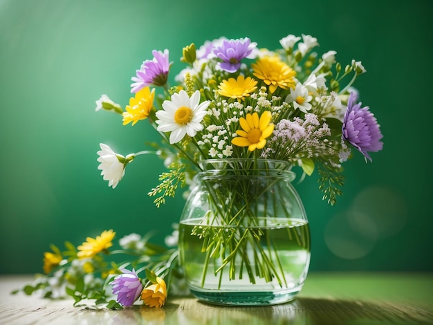 Arrangement de vase en verre d'élégance de fleurs sauvages sur fond vert