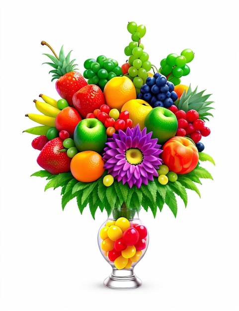 Un arrangement vibrant de fruits frais et de fleurs colorées élégamment exposés dans un vase