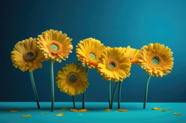 Arrangement visuel créatif avec des fleurs de gerbera jaunes sur fond bleu vif généré par l'IA