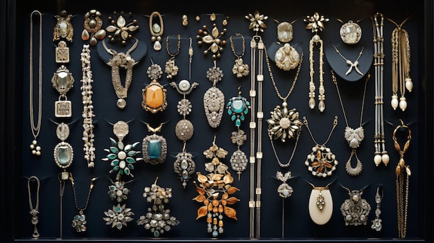 Arrangements de diverses broches et colliers incrustés de pierres précieuses