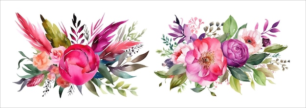 Des arrangements floraux à l'aquarelle élégants avec des fleurs vibrantes et une verdure luxuriante pour la décoration des invitations
