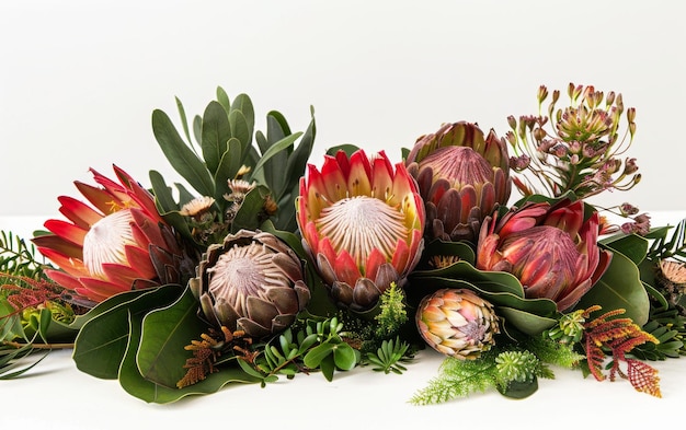 Des arrangements de Protea pour un décor élégant sur fond blanc