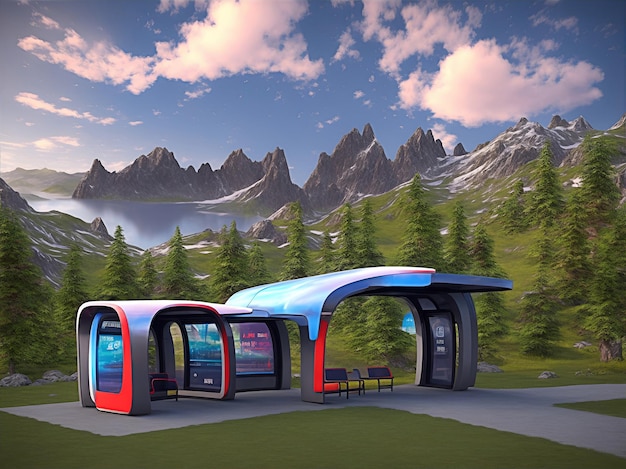 arrêt de bus futuriste dans un beau paysage