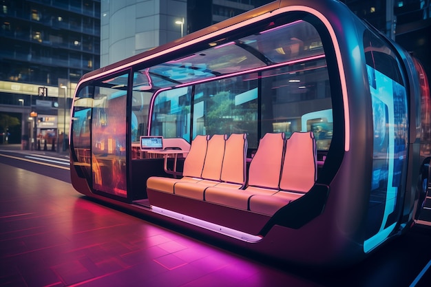 Arrêt de bus futuriste avec des sièges de passagers en rangée sous couverture de verre IA générative