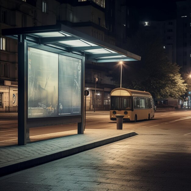 Un arrêt de bus avec une grande affiche dessus.