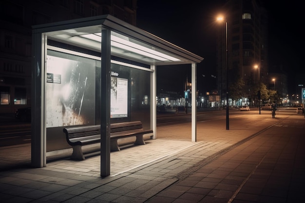 Photo un arrêt de bus la nuit avec un panneau indiquant 