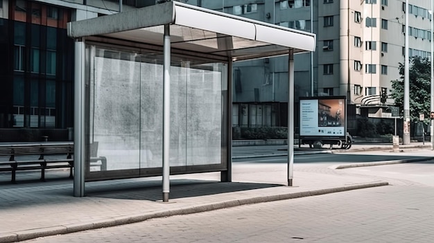 Un arrêt de bus avec un panneau d'affichage sur le côté.