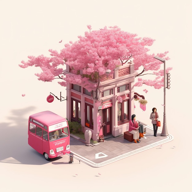 Arrêt de bus près d'un cerisier rose