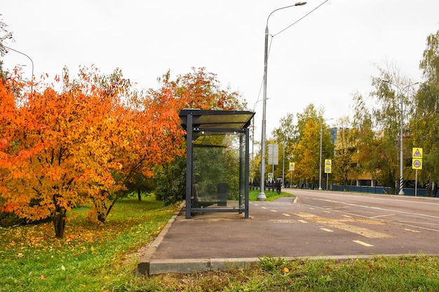 Arrêt de bus vide sur le magnifique fond d'automne de la ville du matin Un arrêt de verre avec un banc