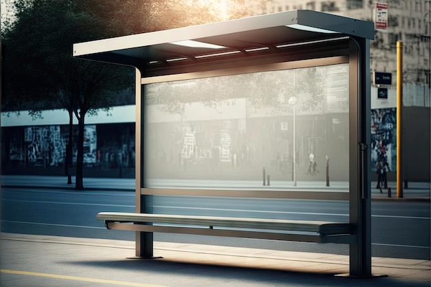 Photo arrêt des transports en commun avec maquette de lightbox vierge à l'aube