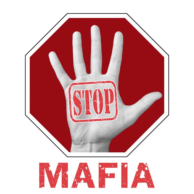 Photo arrêtez l'illustration conceptuelle de la mafia. ouvrez la main avec la mafia d'arrêt de texte. problème social mondial