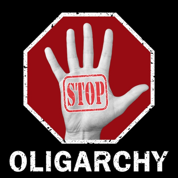 Arrêtez l'illustration conceptuelle de l'oligarchie. Ouvrez la main avec l'oligarchie d'arrêt de texte. Problème social mondial