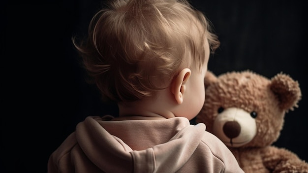 L&#39;arrière d&#39;un bébé avec un ours en peluche