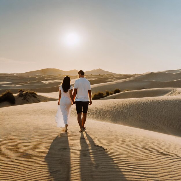 De l'arrière, un couple se promène à travers un désert ensoleillé vêtu de tons sourds silhouettés contre ...