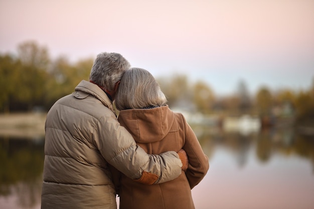 L'arrière du couple senior dans le parc d'automne