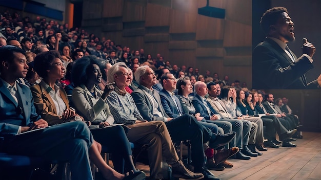 Photo À l'arrière du public assis et écoutant les orateurs