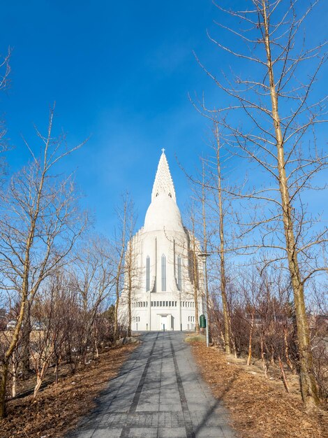 L'arrière de l'église Hallgrimskirkja sous le ciel bleu nuageux du matin Reykjavik en Islande