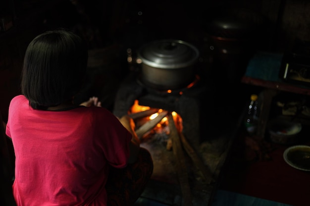 L'arrière d'une femme locale asiatique cuisinant dans un poêle traditionnel avec du bois de chauffage brûlé au kit de cabine en bois