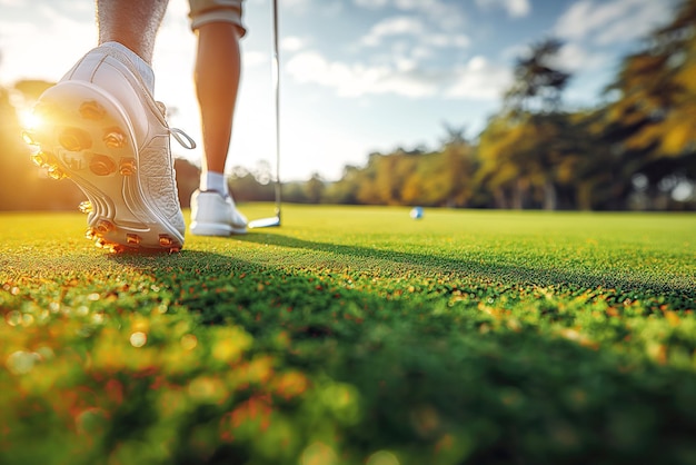 l'arrière des jambes d'un golfeur masculin avec un club de golf sur la pelouse sur le parcours de golf en été au coucher du soleil en gros plan