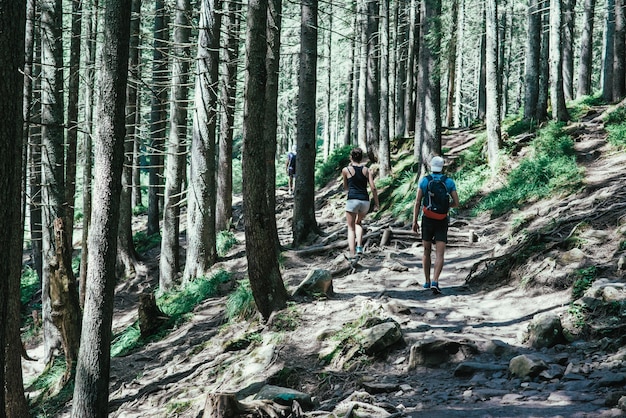 L&#39;arrière d&#39;un jeune homme avec sac à dos continue jusqu&#39;à la montagne