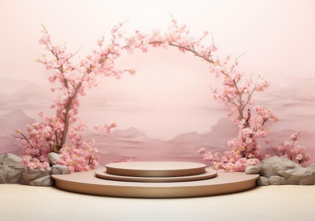 Arrière-plan 3D podium rose affichage Sakura fleur rose tombant étape de promotion de produits cosmétiques ou de beauté piédestal pastel floral Abstrait publicité minimale AI Génératif