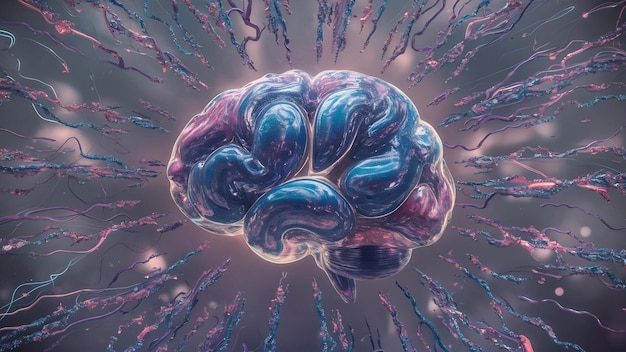 Photo arrière-plan abstrait en 3d avec un cerveau entouré de particules avec des pistes tordues
