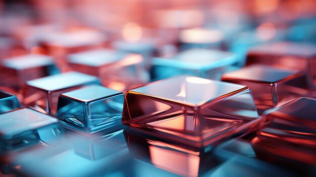 Photo arrière-plan abstrait 3d de cubes de verre bleu et rose réfléchissants avec espace de copie